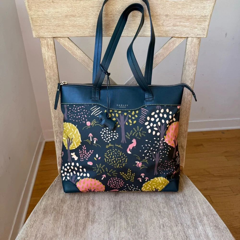 Radley London Epping Forest Tote Bag Navy Woodland Fox Mushroom Scottie Charm - Picture 2 of 15